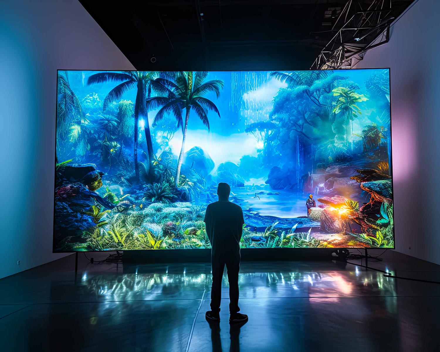 Gallery space with person viewing large MicroLED display showing vivid digital artwork