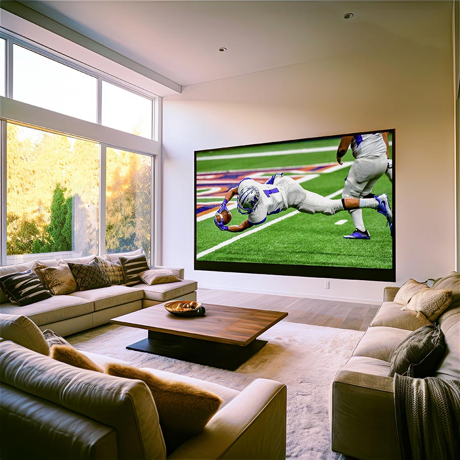 Vertical LED display beside floor to ceiling windows showing a waterfall