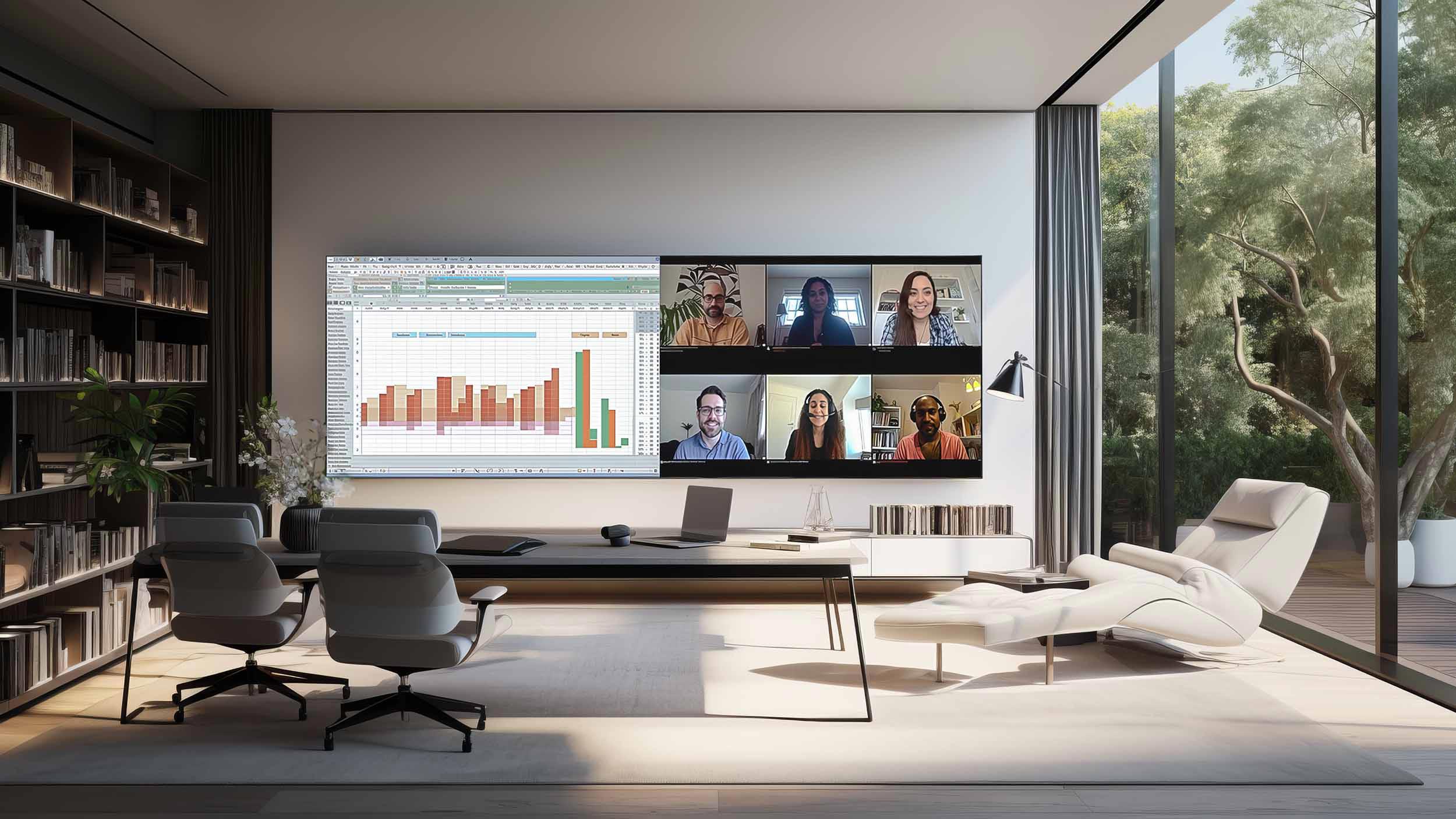 Elegant home office with MicroLED screen during video meeting