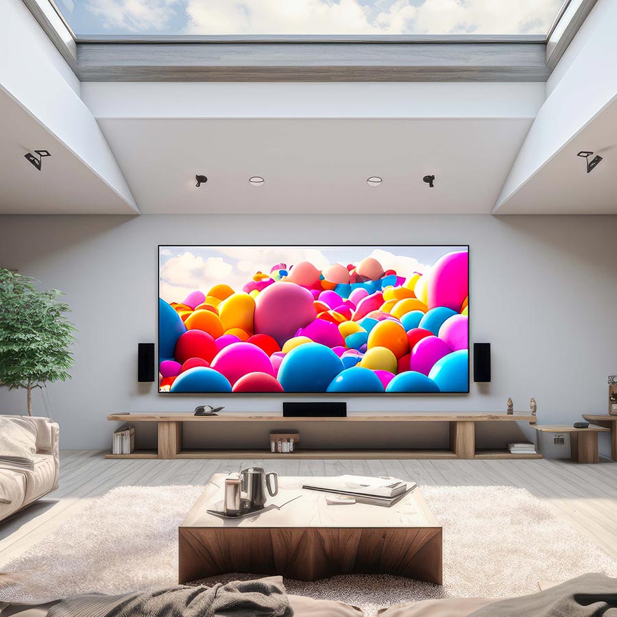 Living room with large LED display showing abstract colorful visuals