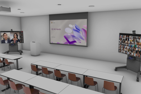 Microsoft teams large meeting in a large meeting room with dozens of on screen participants