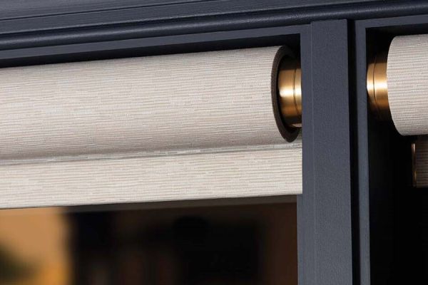 Blue frame with fabric Lutron Palladiom roller shades